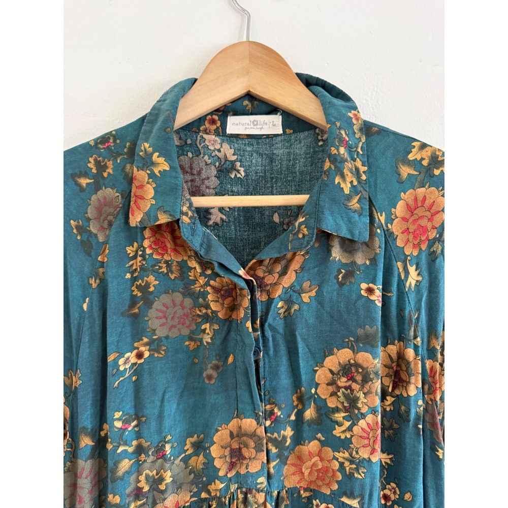 Natural Life Teal Floral Tiered Rebecca Midi Dress Large Rayon Boho Puff Sleeve - Picture 4 of 9